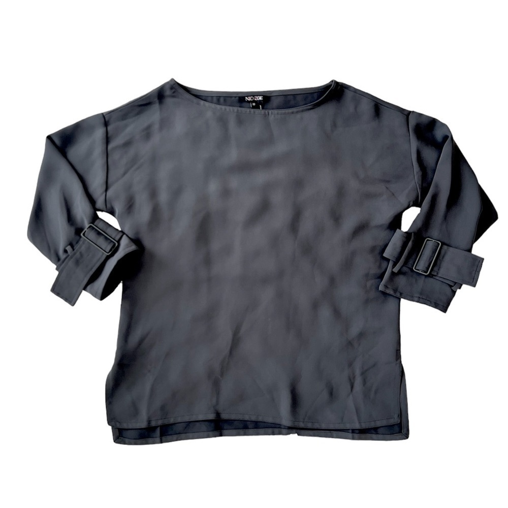 Nic + Zoe gun metal gray 3/4 length sleeve top with buckle detail Petite